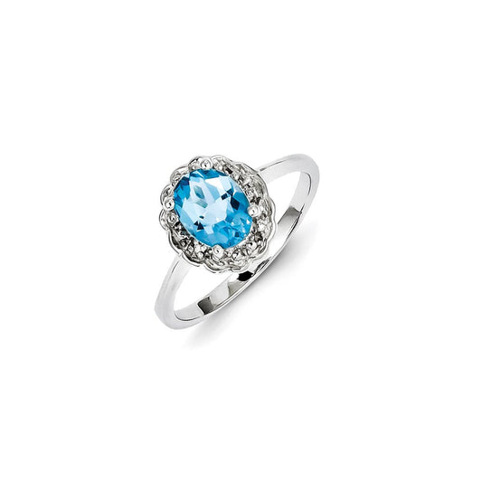 Sterling Silver Rhodium Plated Diamond & Light Swiss Blue Topaz Ring