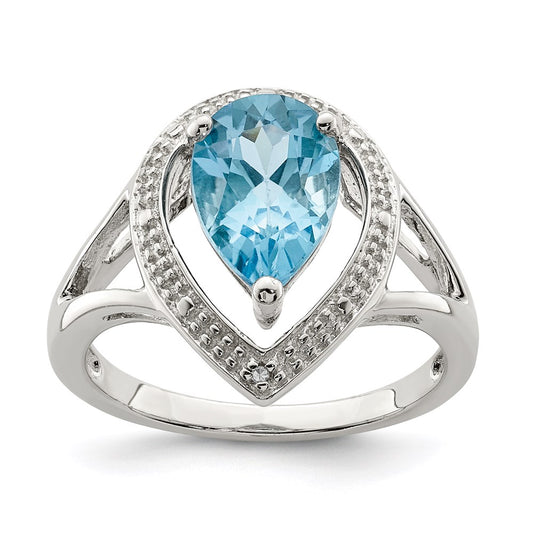 Sterling Silver Rhodium Plated Diamond & Light Swiss Blue Topaz Ring