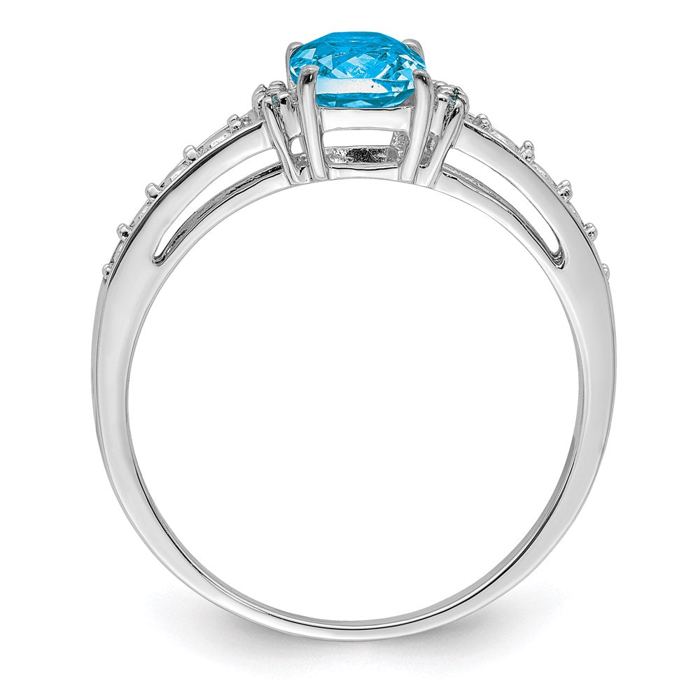 Sterling Silver Rhodium Plated Diamond and Sky Blue Topaz Cushion Ring