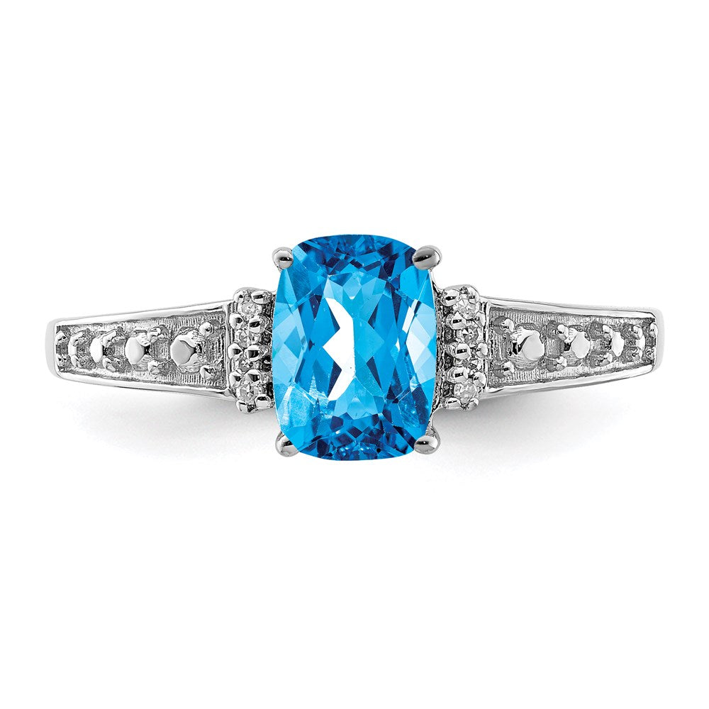 Sterling Silver Rhodium Plated Diamond and Sky Blue Topaz Cushion Ring