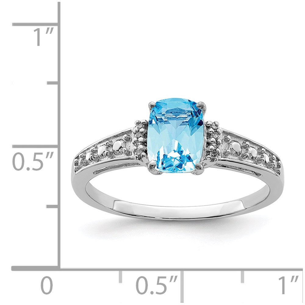 Sterling Silver Rhodium Plated Diamond and Sky Blue Topaz Cushion Ring