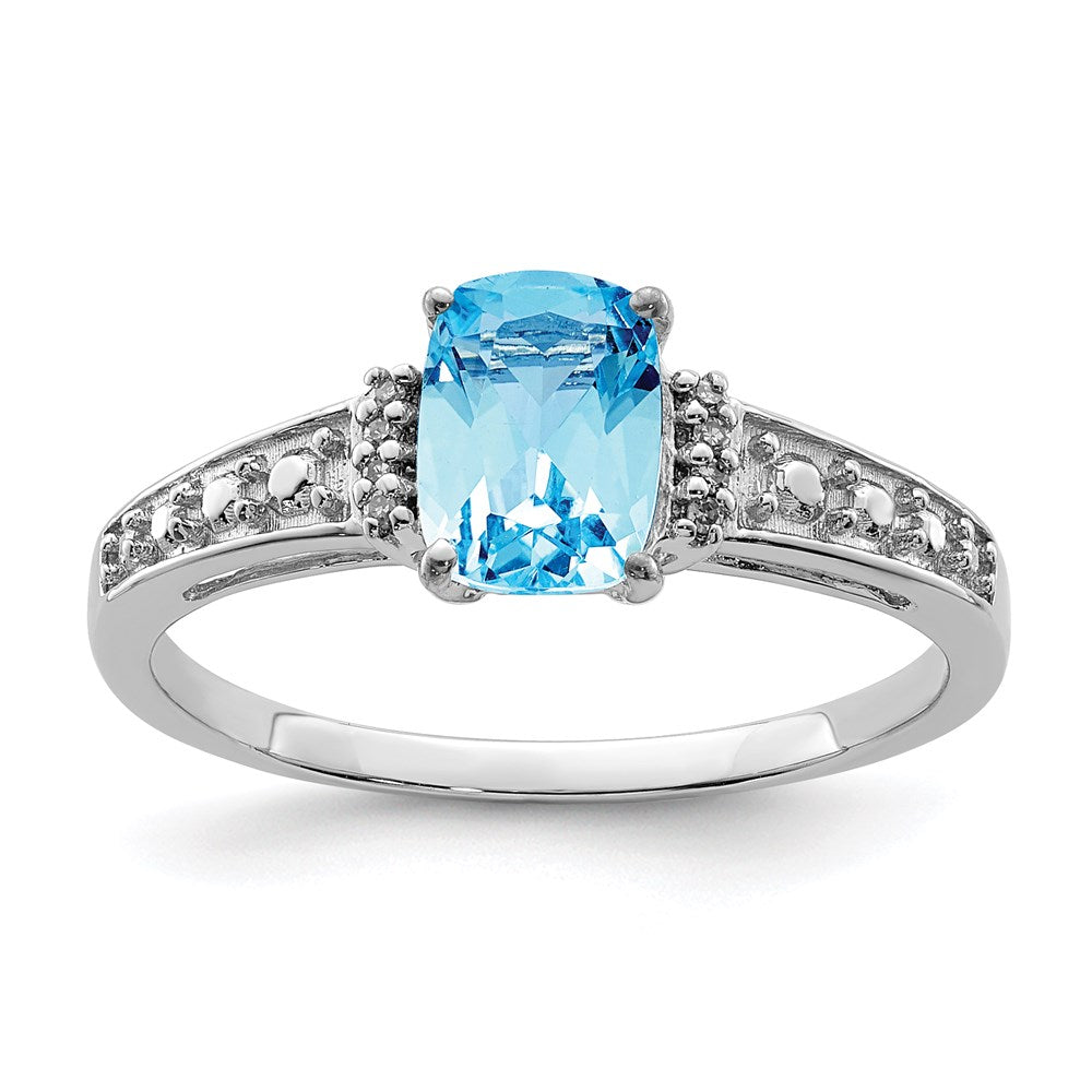 Sterling Silver Rhodium Plated Diamond and Sky Blue Topaz Cushion Ring