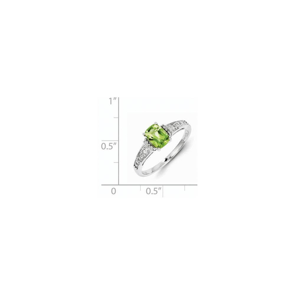 Sterling Silver Rhodium Plated Diamond and Peridot Cushion Ring