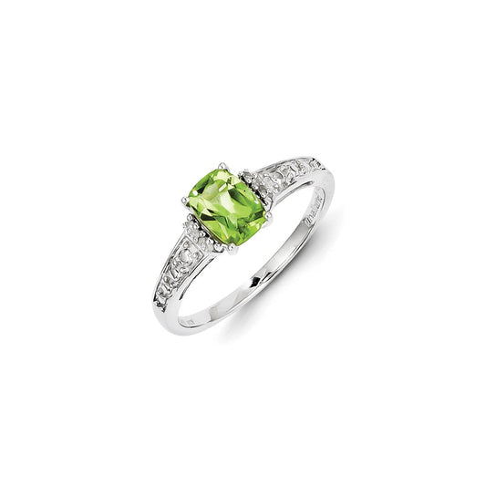 Sterling Silver Rhodium Plated Diamond and Peridot Cushion Ring