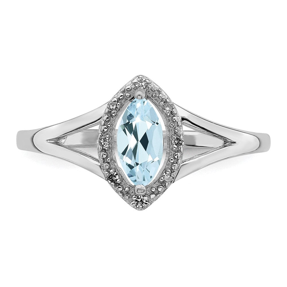 Sterling Silver Rhodium Plated Diamond & Aquamarine Marquise Ring