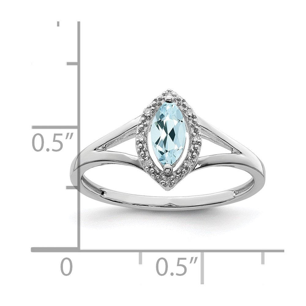 Sterling Silver Rhodium Plated Diamond & Aquamarine Marquise Ring