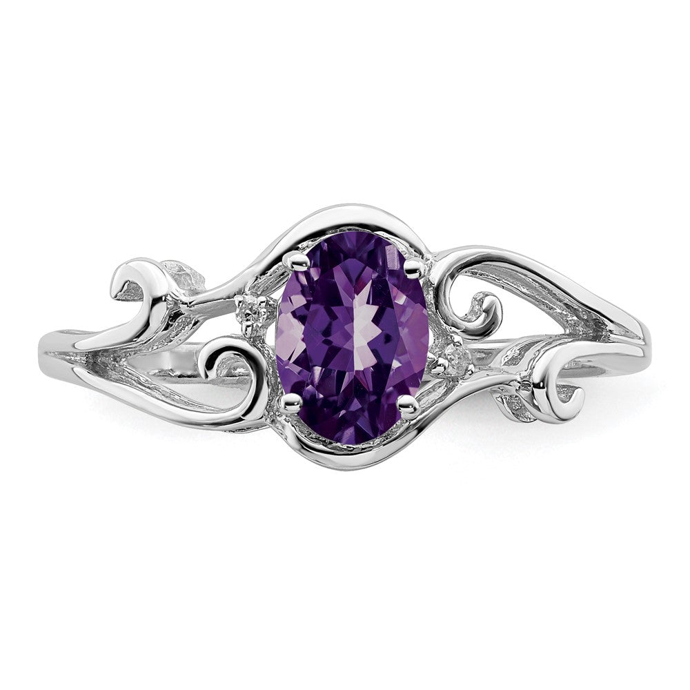 Sterling Silver Rhodium Plated Diamond and Amethyst Oval Ring