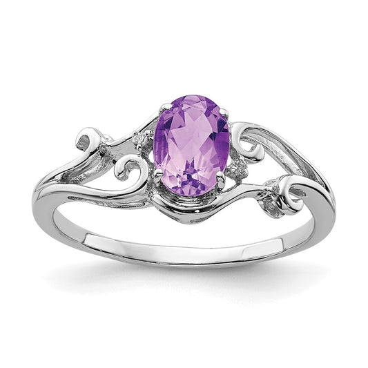 Sterling Silver Rhodium Plated Diamond and Amethyst Oval Ring