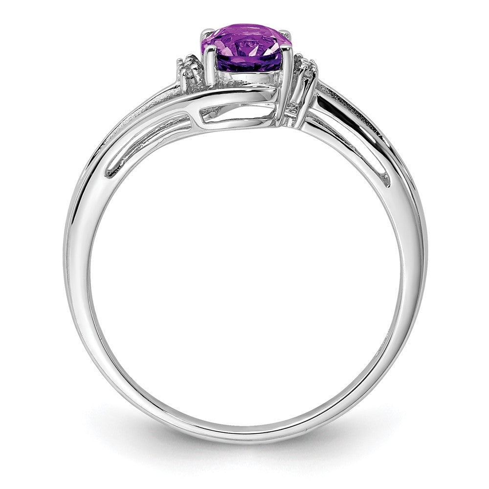 Sterling Silver Rhodium Plated Diamond and Amethyst Oval Ring