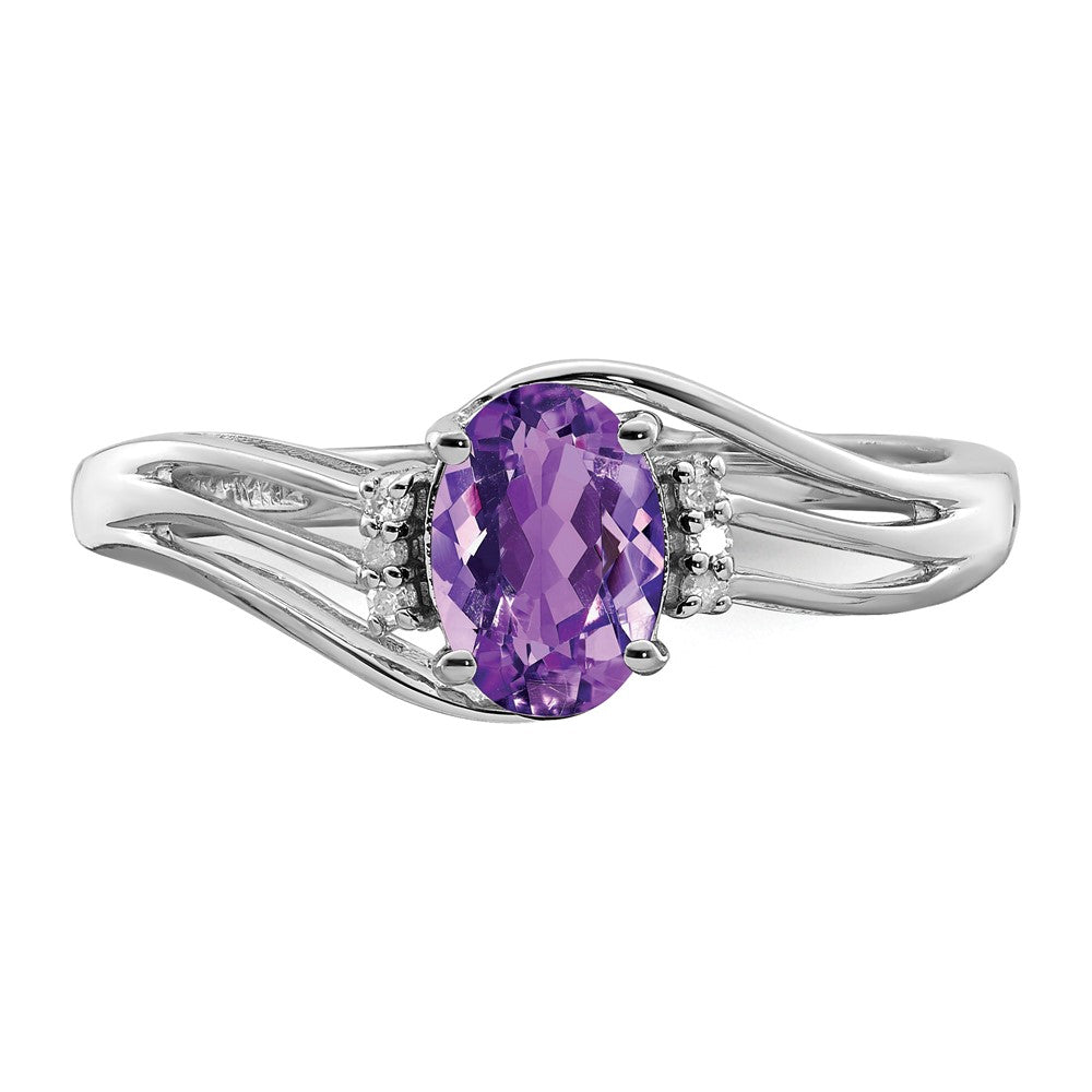 Sterling Silver Rhodium Plated Diamond and Amethyst Oval Ring