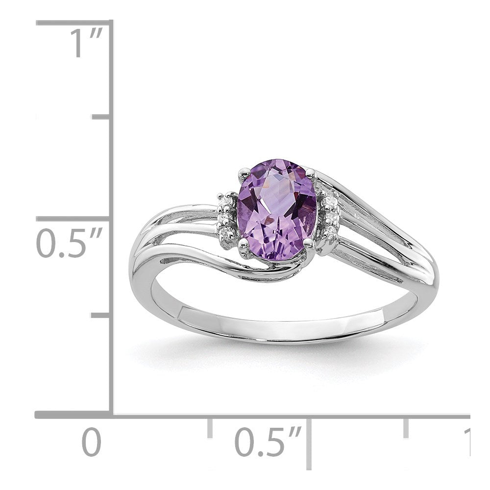 Sterling Silver Rhodium Plated Diamond and Amethyst Oval Ring