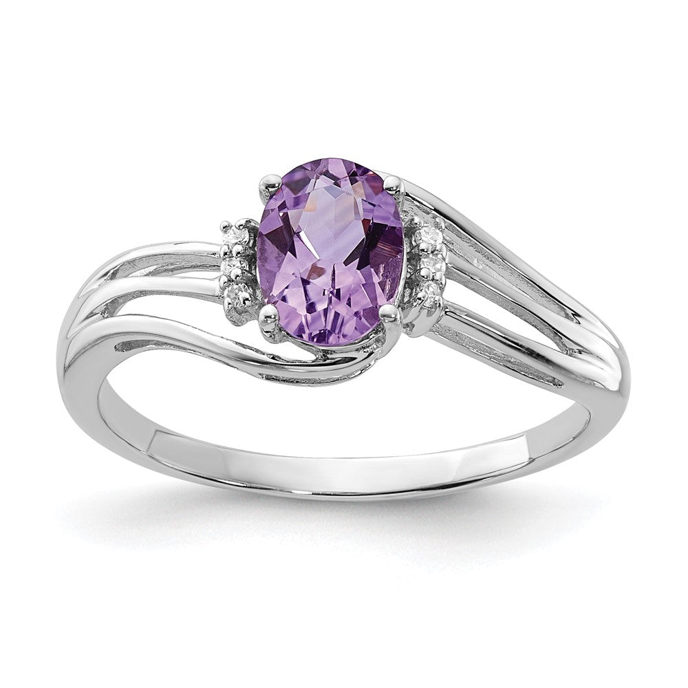 Sterling Silver Rhodium Plated Diamond and Amethyst Oval Ring