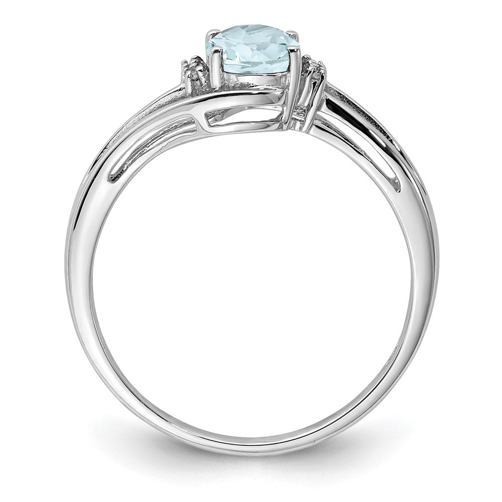 Sterling Silver Rhodium Plated Diamond and Aquamarine Oval Ring