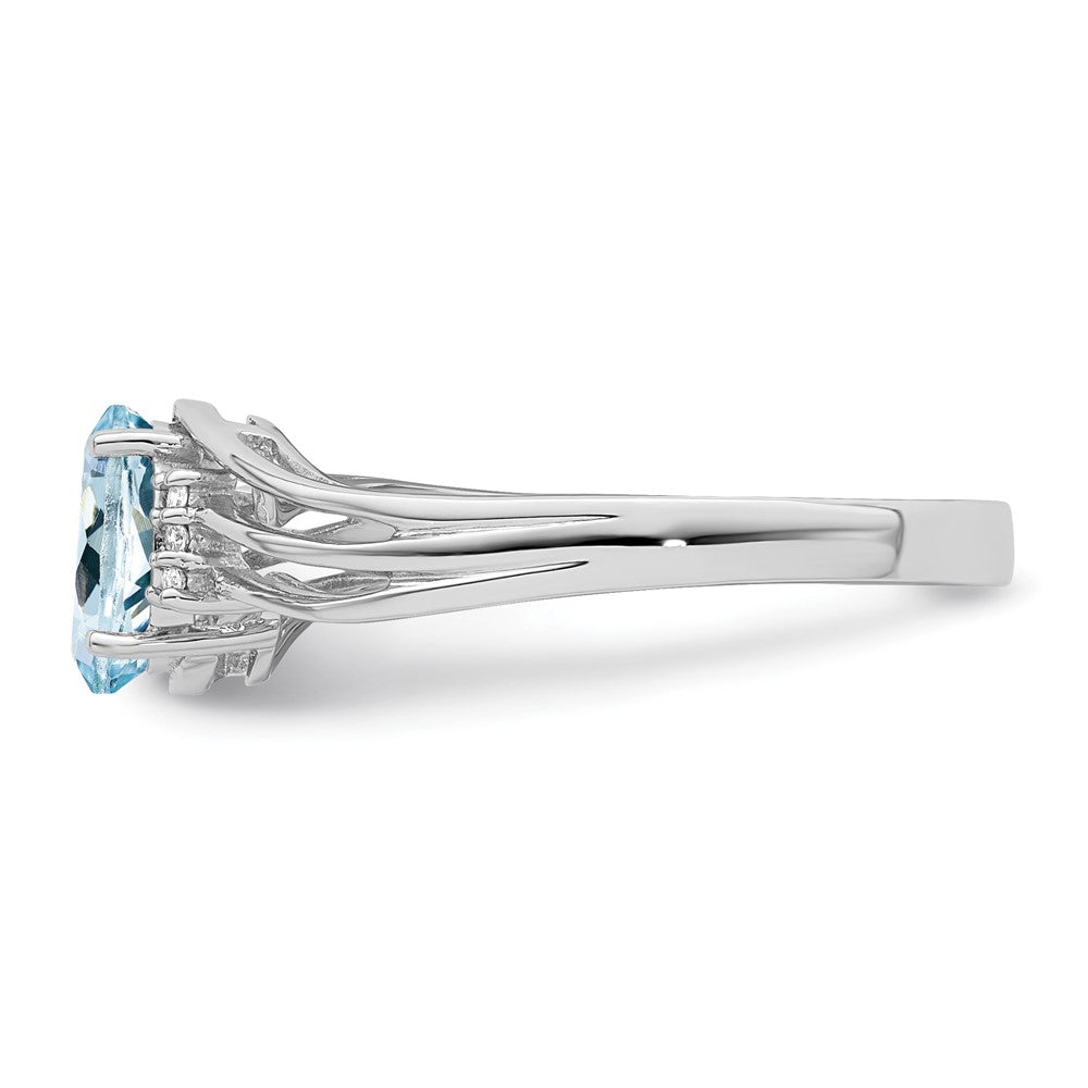 Sterling Silver Rhodium Plated Diamond and Aquamarine Oval Ring