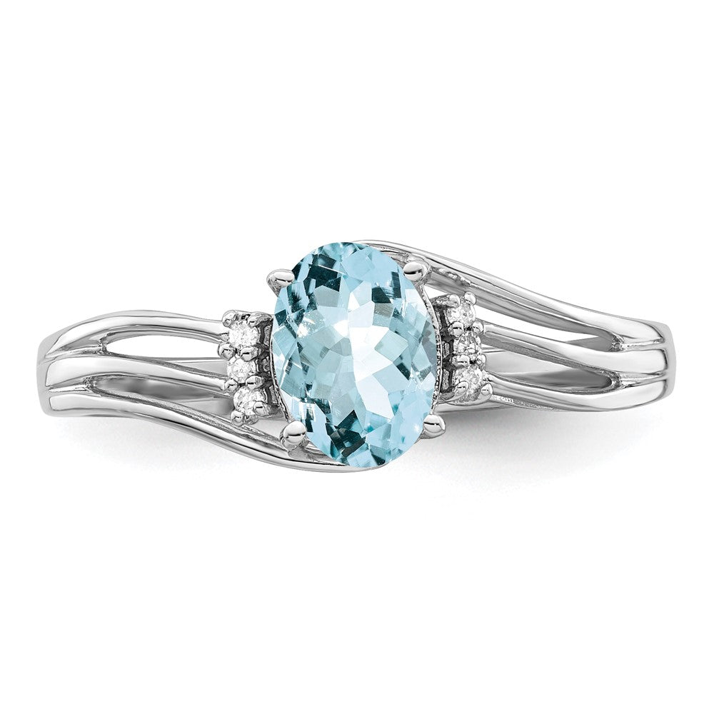 Sterling Silver Rhodium Plated Diamond and Aquamarine Oval Ring