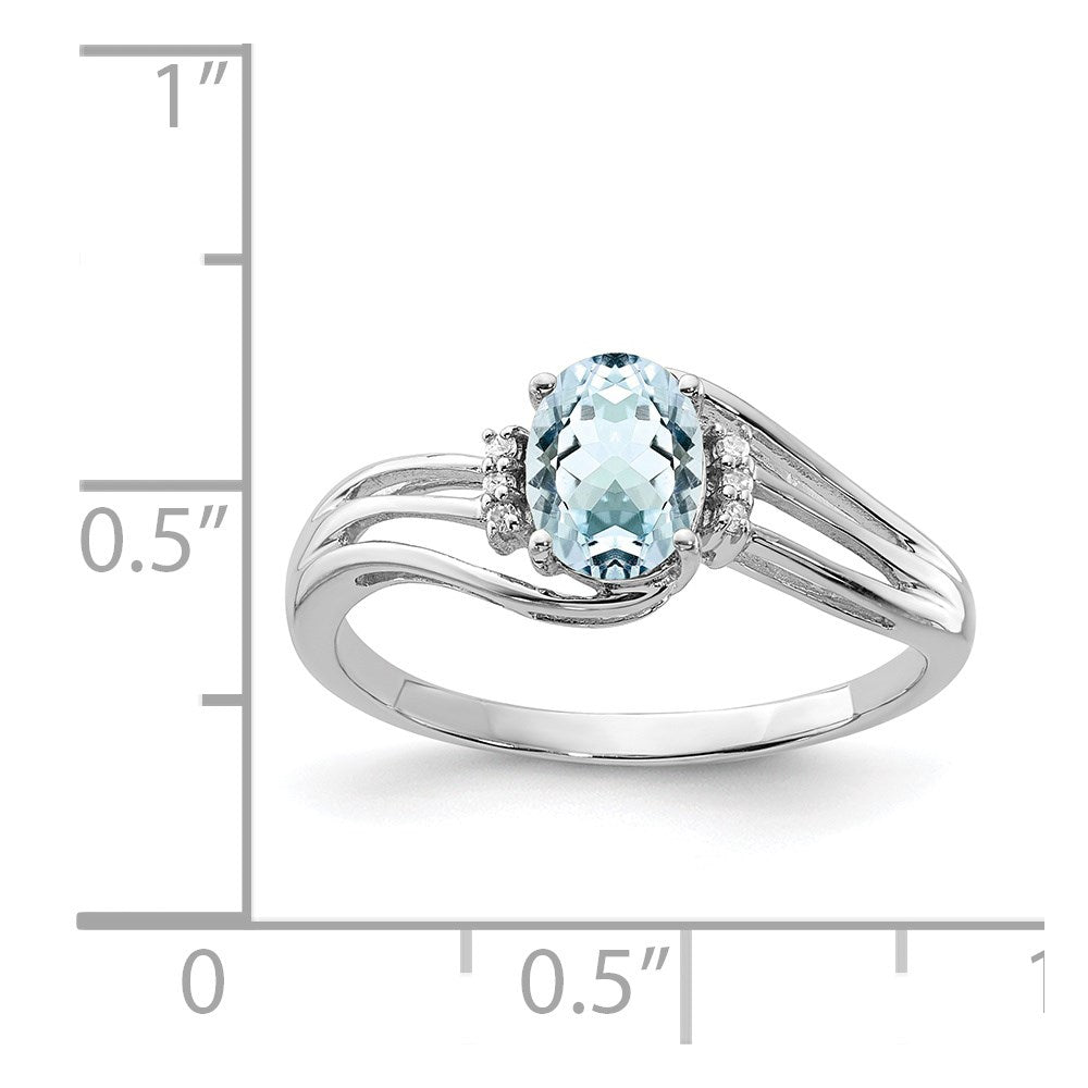 Sterling Silver Rhodium Plated Diamond and Aquamarine Oval Ring