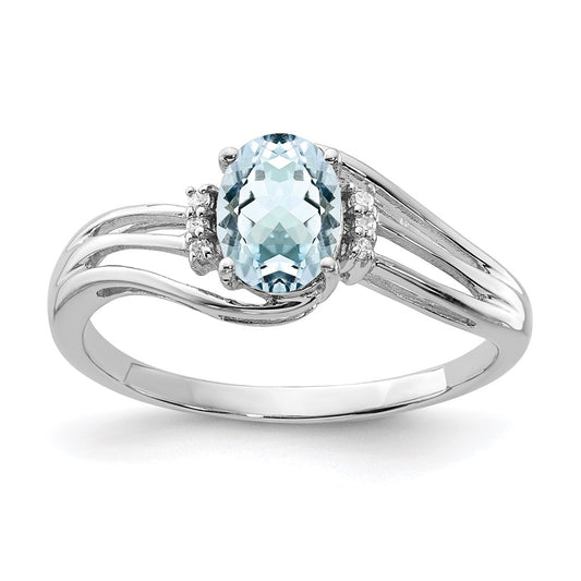 Sterling Silver Rhodium Plated Diamond and Aquamarine Oval Ring