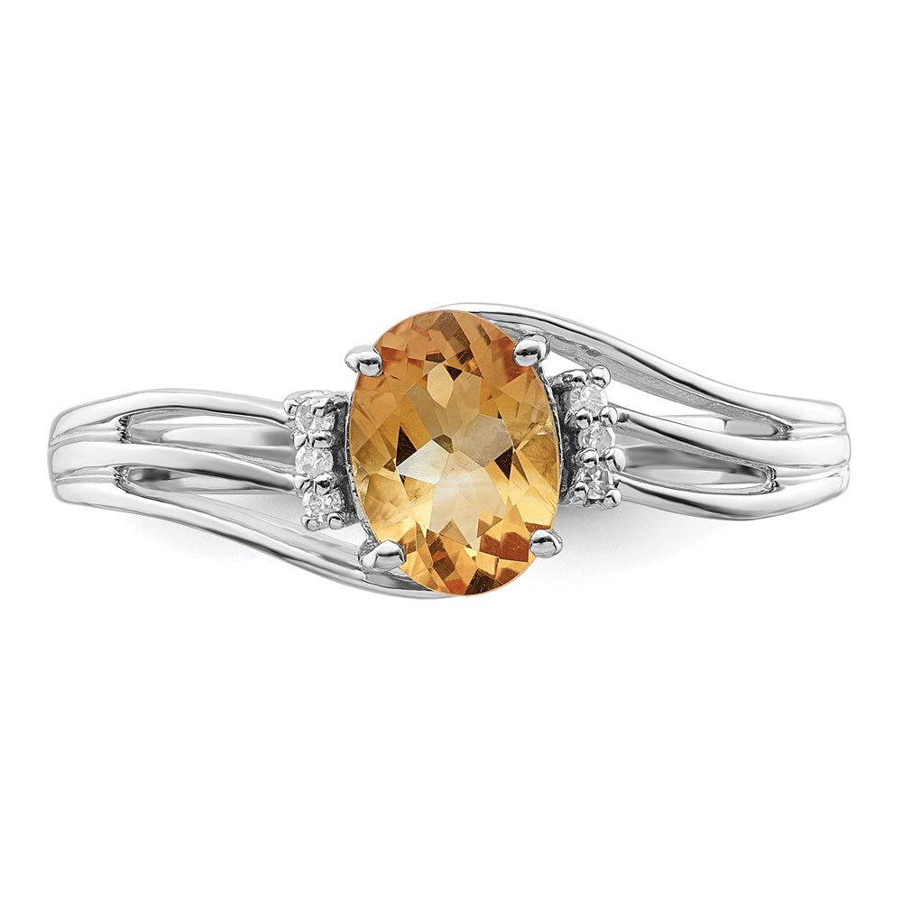 Sterling Silver Rhodium Plated Diamond and Citrine Oval Ring