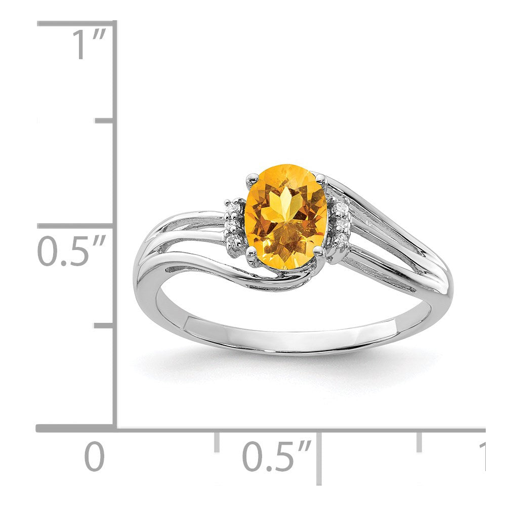 Sterling Silver Rhodium Plated Diamond and Citrine Oval Ring