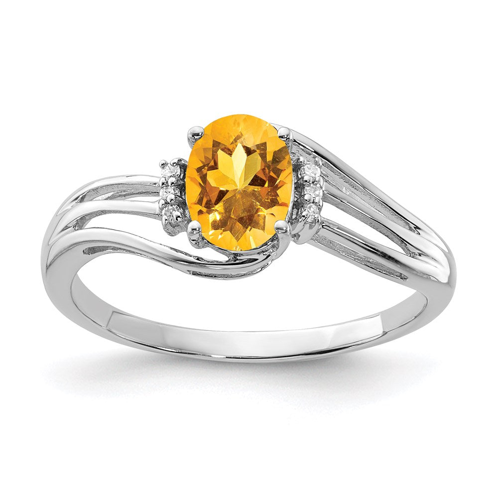 Sterling Silver Rhodium Plated Diamond and Citrine Oval Ring