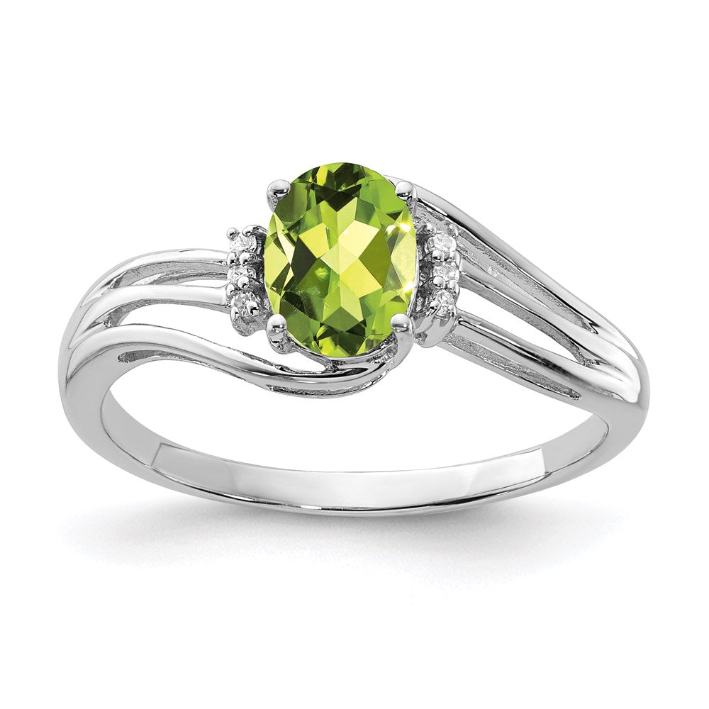 Sterling Silver Rhodium Plated Diamond and Peridot Oval Ring