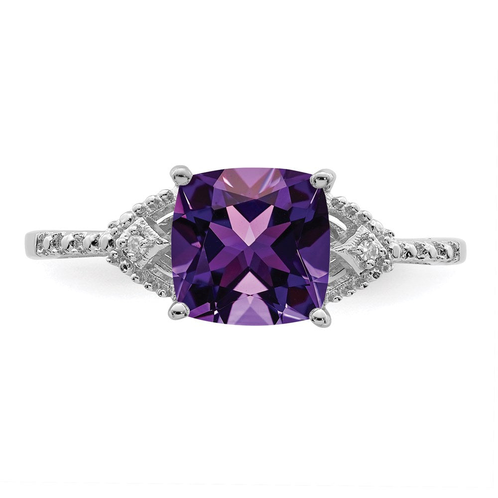 Sterling Silver Rhodium Plated Diamond and Amethyst Ring