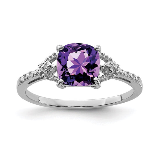 Sterling Silver Rhodium Plated Diamond and Amethyst Ring