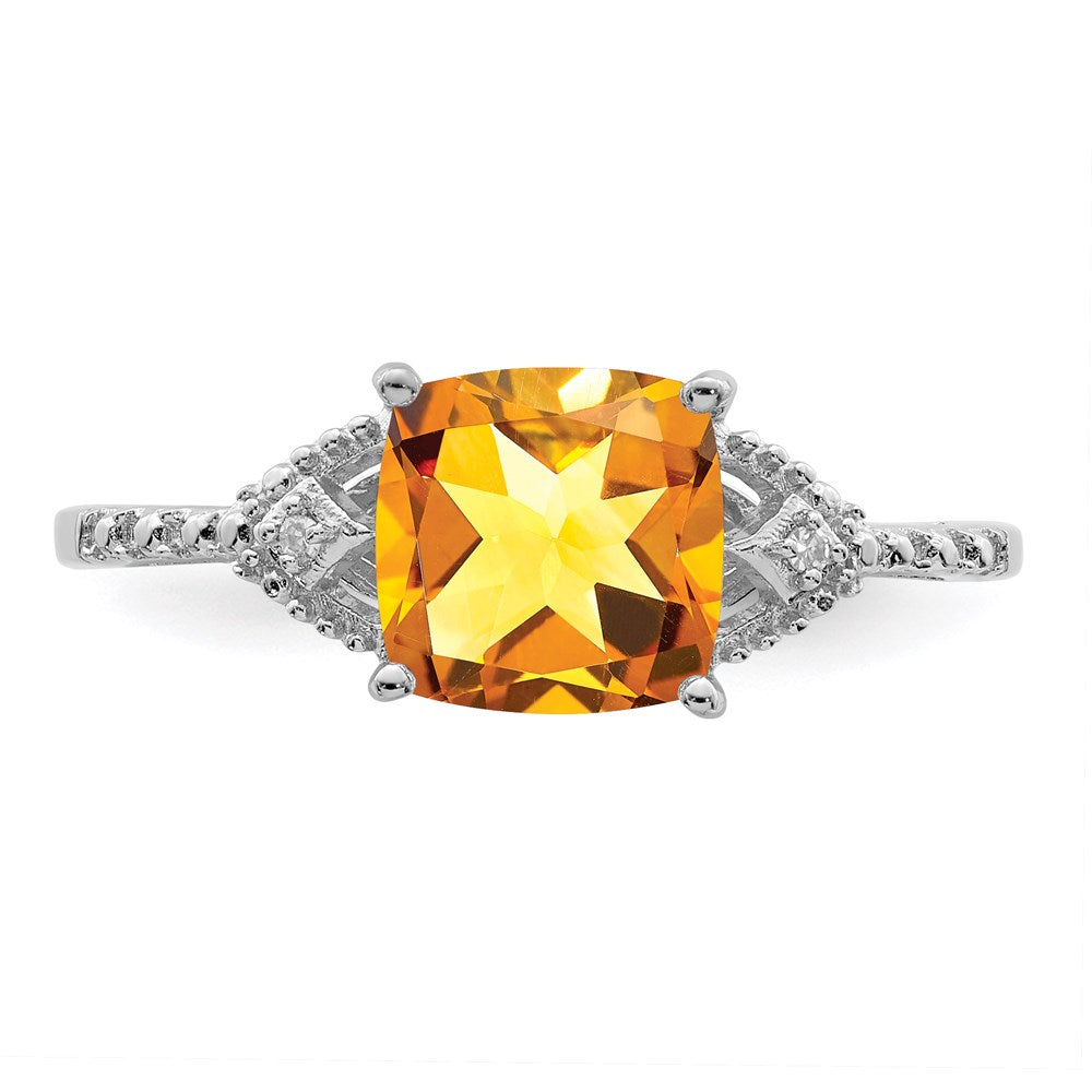 Sterling Silver Rhodium Plated Diamond and Citrine Ring