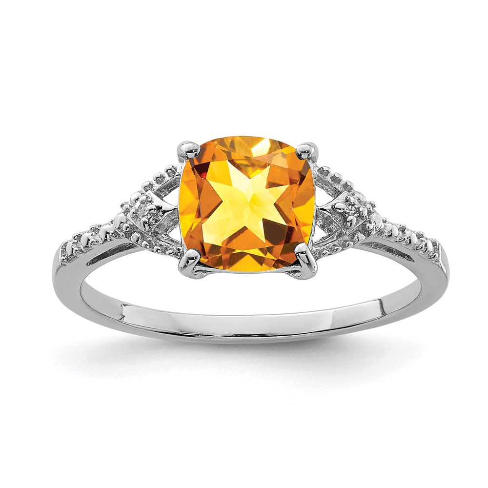 Sterling Silver Rhodium Plated Diamond and Citrine Ring