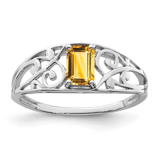 Sterling Silver Rhodium Plated Citrine Ring