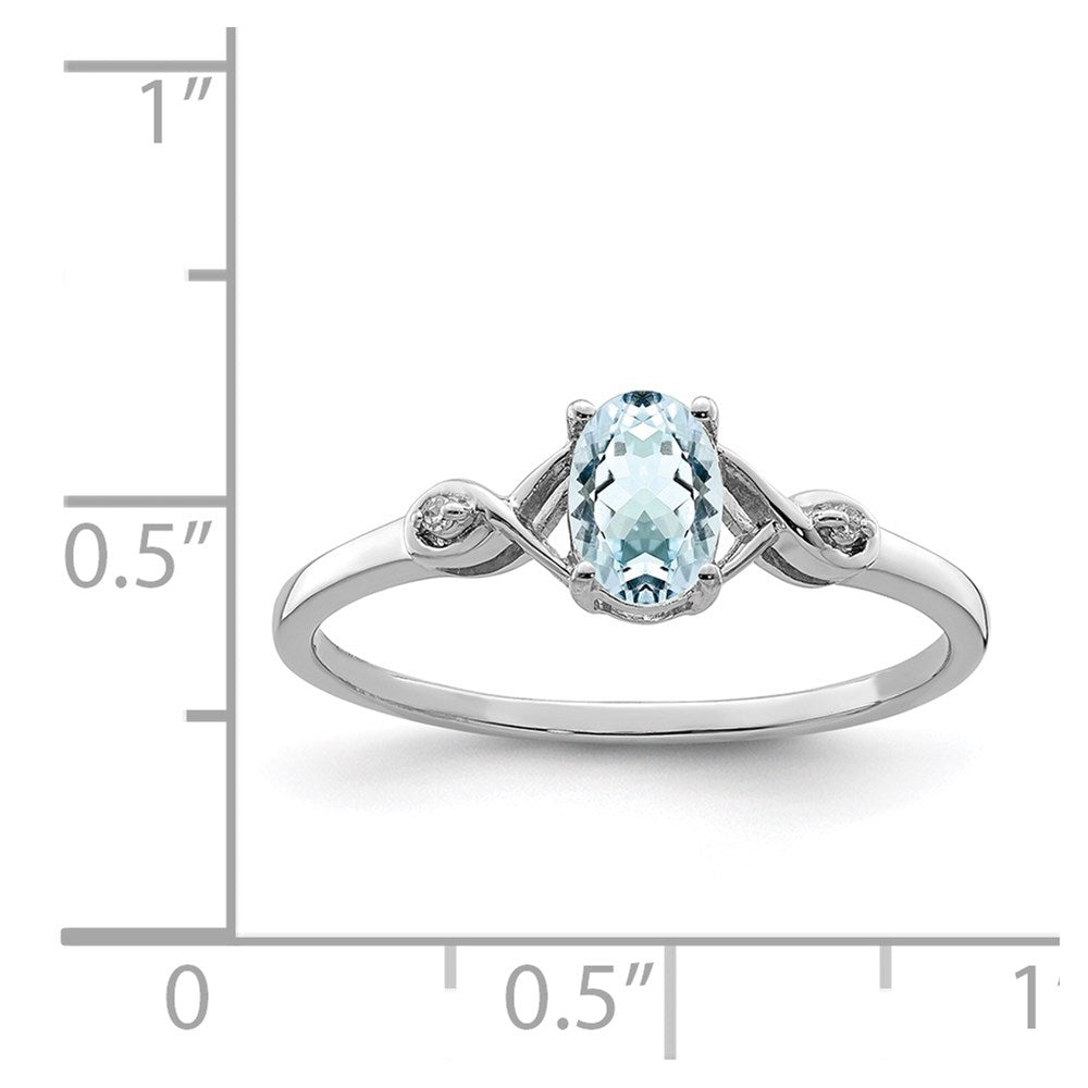 Sterling Silver Rhodium Plated Diamond and Aquamarine Oval Ring