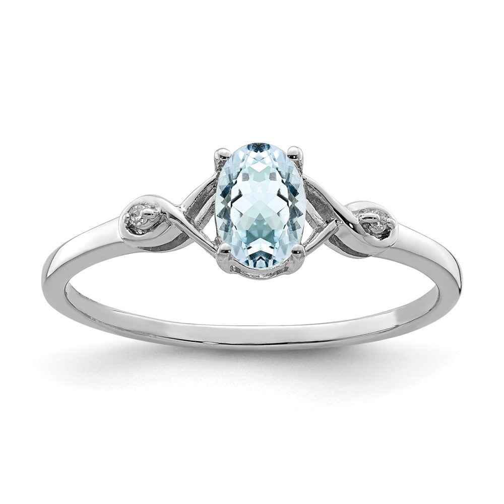 Sterling Silver Rhodium Plated Diamond and Aquamarine Oval Ring