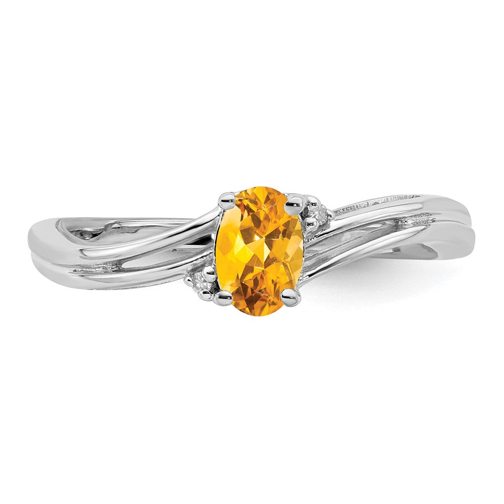 Sterling Silver Rhodium Plated Diamond & Citrine Oval Ring