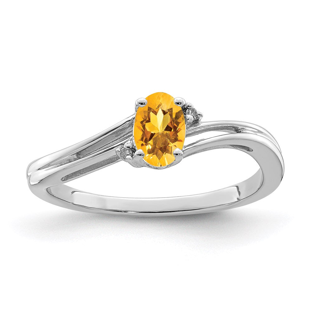 Sterling Silver Rhodium Plated Diamond & Citrine Oval Ring