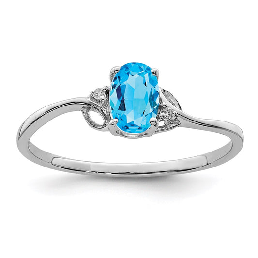 Sterling Silver Rhodium Plated Diamond and Sky Blue Topaz Oval Ring