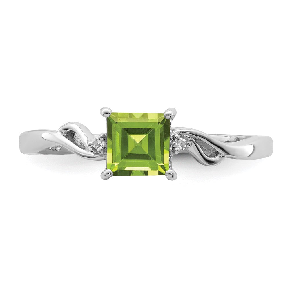 Sterling Silver Rhodium Plated Diamond & Peridot Square Ring