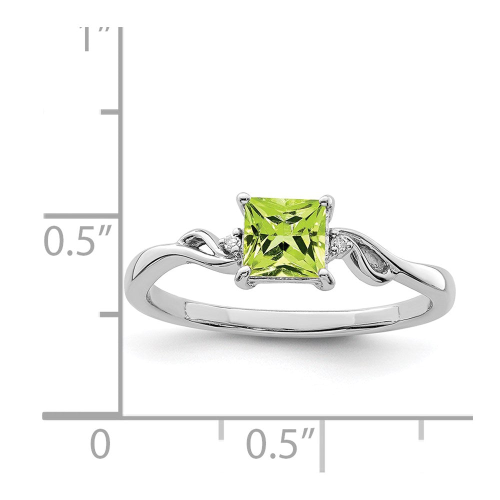 Sterling Silver Rhodium Plated Diamond & Peridot Square Ring