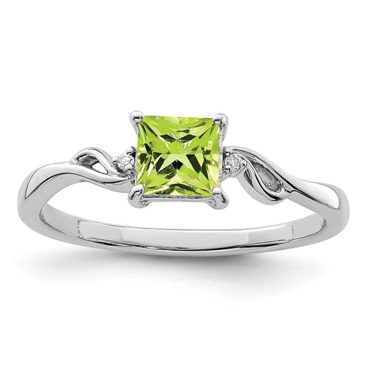 Sterling Silver Rhodium Plated Diamond & Peridot Square Ring