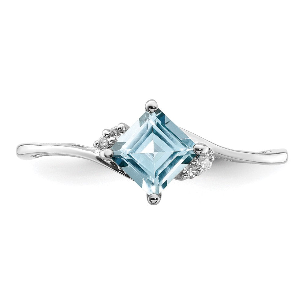 Sterling Silver Rhodium Plated Diamond & Aquamarine Square Ring