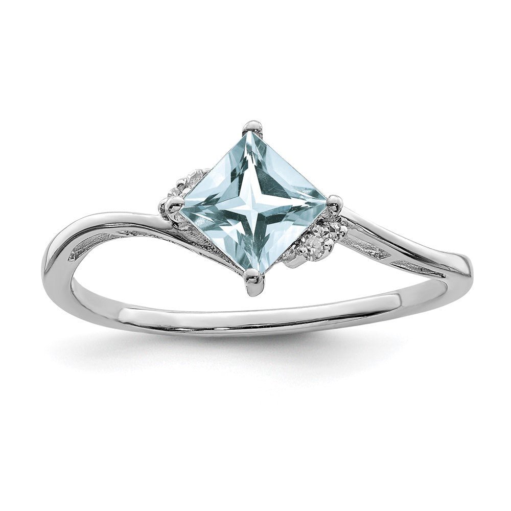 Sterling Silver Rhodium Plated Diamond & Aquamarine Square Ring