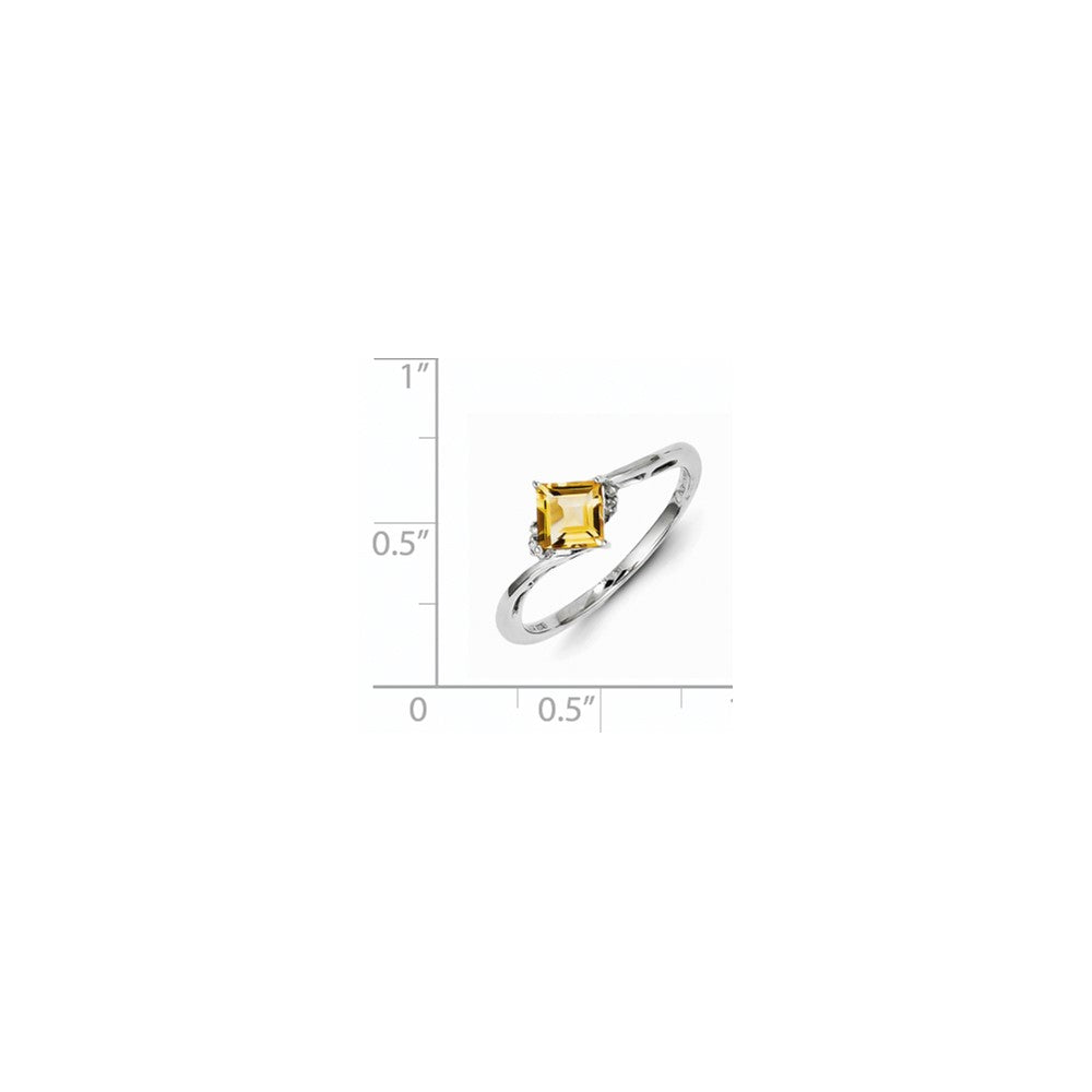 Sterling Silver Rhodium Plated Diamond & Citrine Square Ring