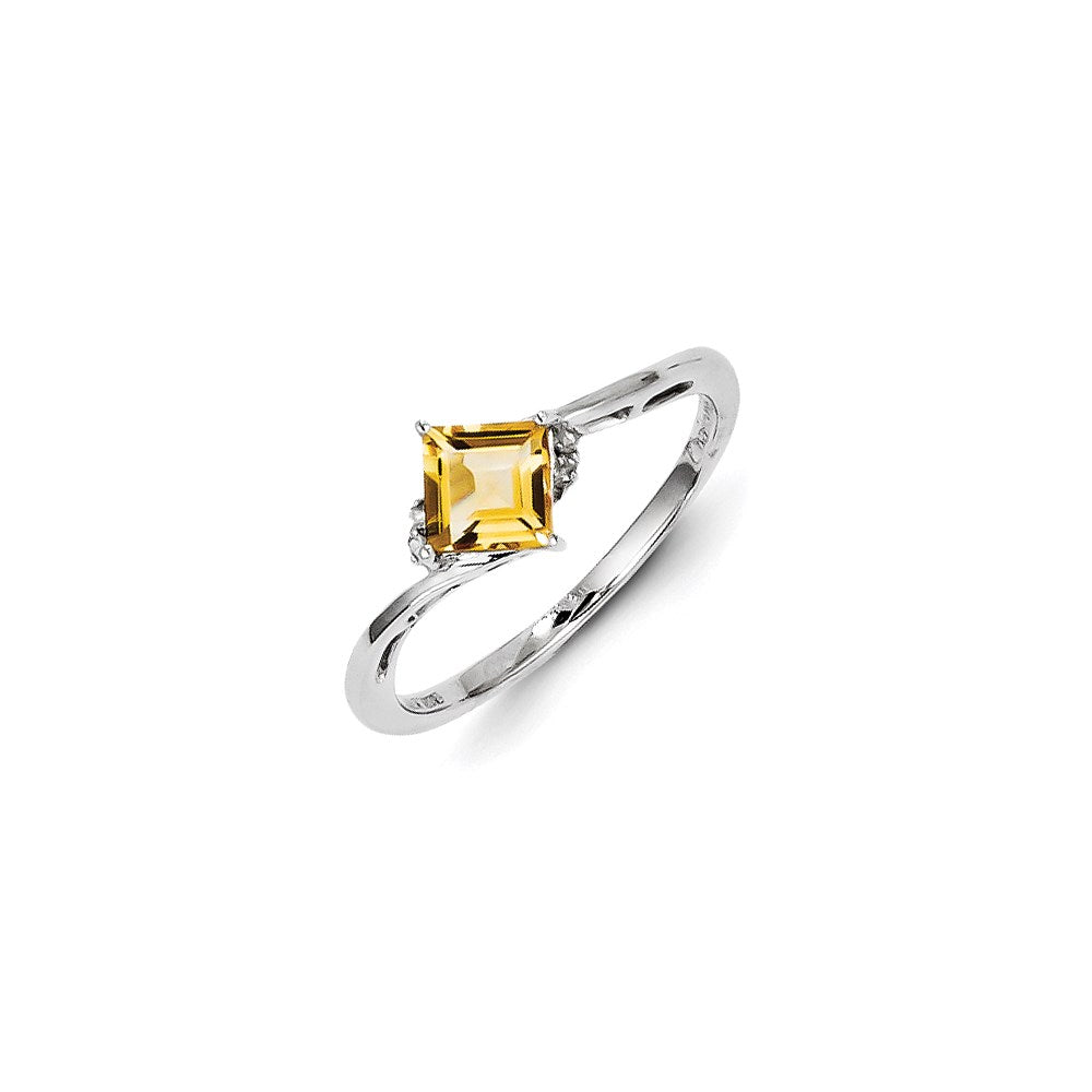 Sterling Silver Rhodium Plated Diamond & Citrine Square Ring