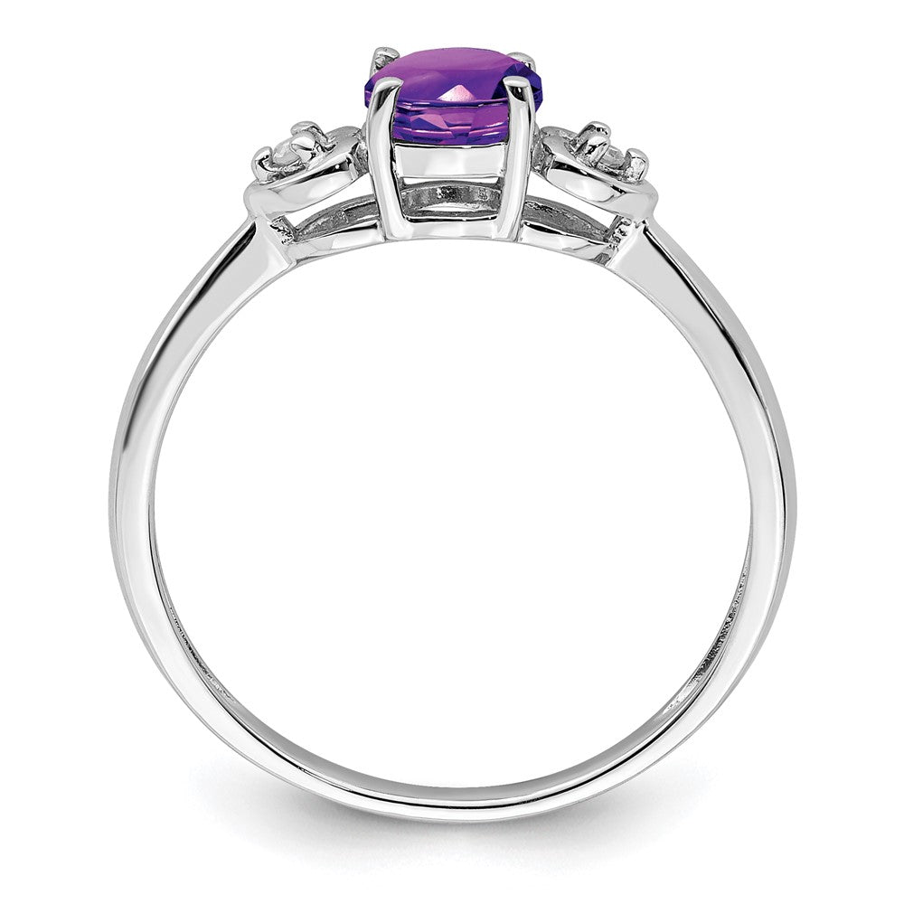 Sterling Silver Rhodium Plated Diamond and Amethyst Round Ring