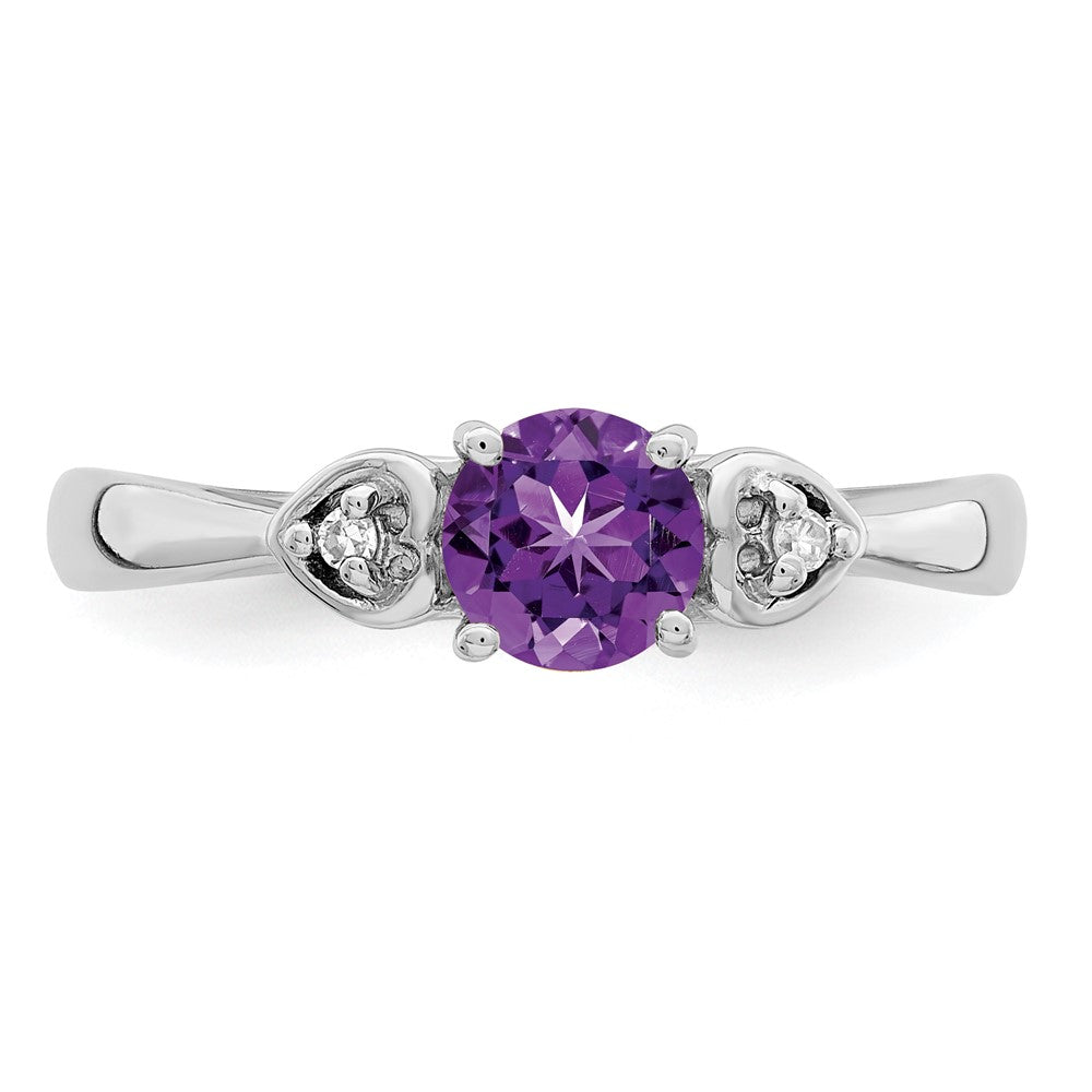 Sterling Silver Rhodium Plated Diamond and Amethyst Round Ring