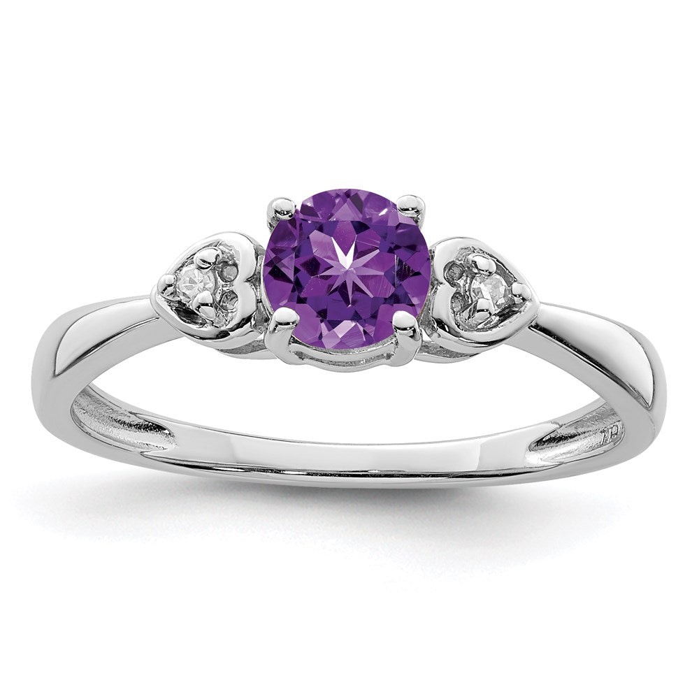 Sterling Silver Rhodium Plated Diamond and Amethyst Round Ring