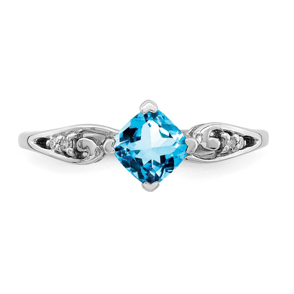 Sterling Silver Rhodium Plated Diamond and Sky Blue Topaz Cushion Ring