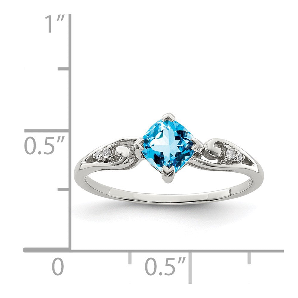 Sterling Silver Rhodium Plated Diamond and Sky Blue Topaz Cushion Ring