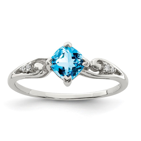 Sterling Silver Rhodium Plated Diamond and Sky Blue Topaz Cushion Ring