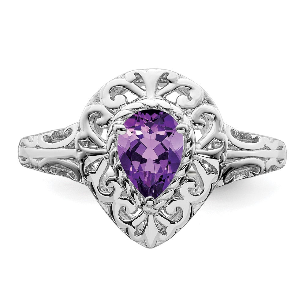 Sterling Silver Rhodium Plated Amethyst Teardrop Ring