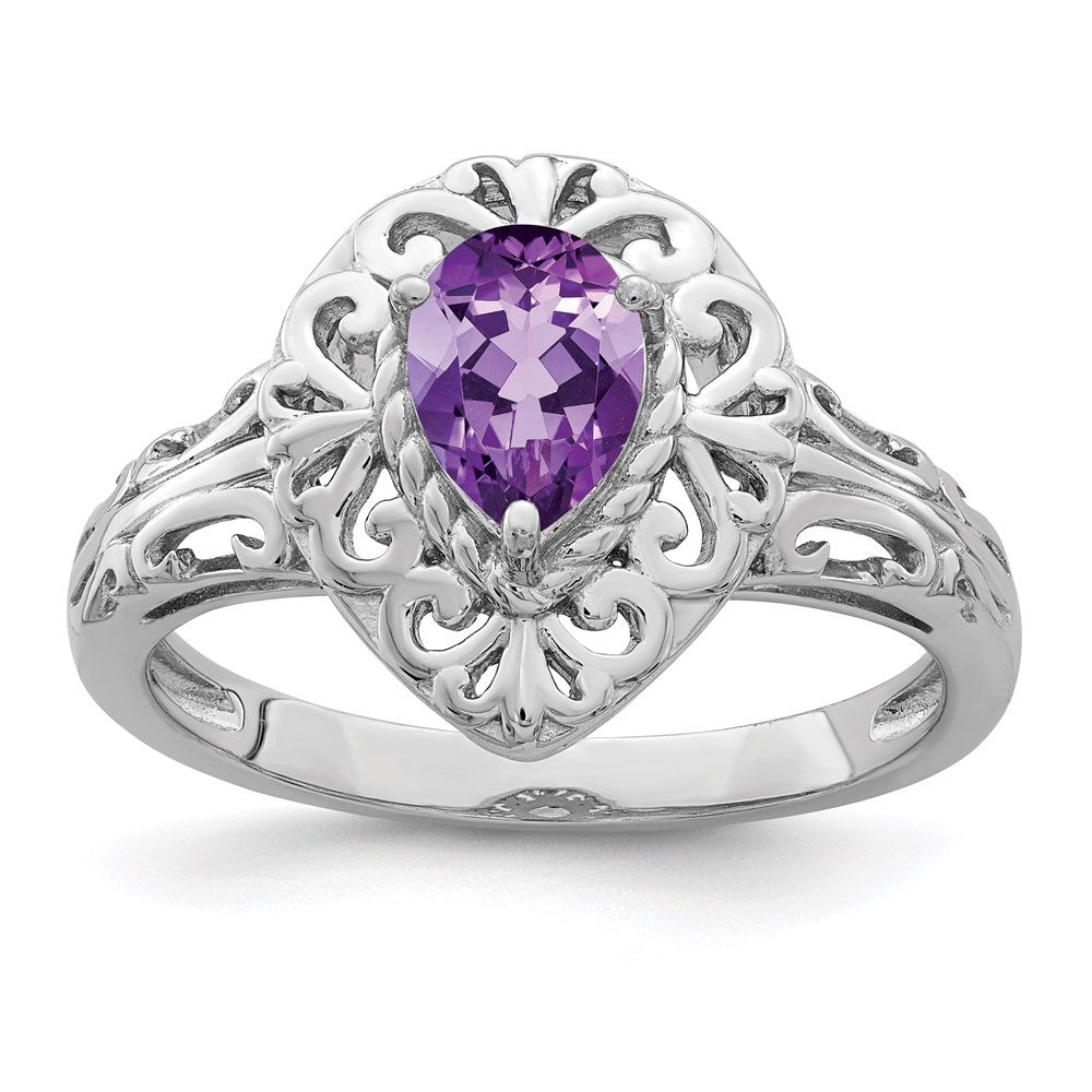 Sterling Silver Rhodium Plated Amethyst Teardrop Ring